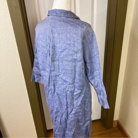 Fog Linen Work Blue Chambray Button Down 100% Linen Shirt Dress. - Picture 6 of 8